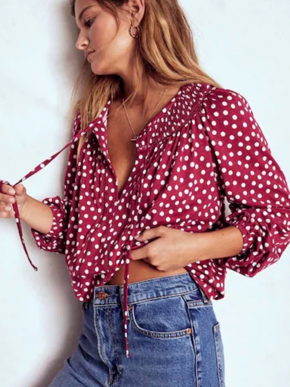 Boden Georgia Smocked Jersey Blouse in a burgundy and white polka